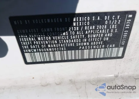 2022 Volkswagen Jetta 1.5T S z USA, uszkodzony, nr VIN 3VWCM7BU0NM002763